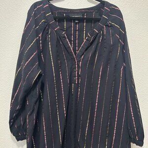 Lane Bryant black pullover blouse, metallic rose and gold stripes, 26/28